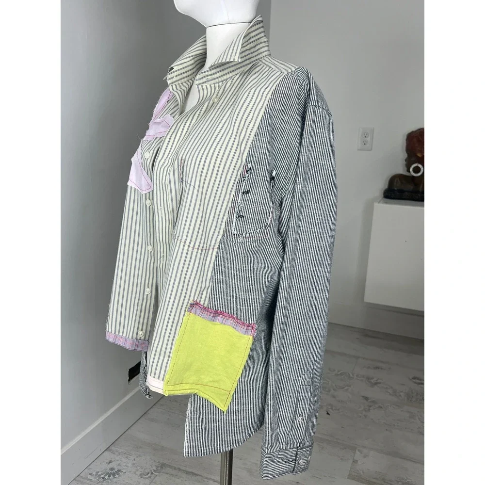 Reworked 100% Cotton Button Up Shirt Unique Lagenlook Pin Stripe Shirt - Picture 4 of 7